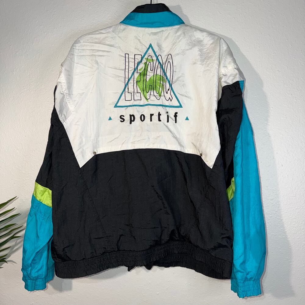 Vintage 90s Le Coq Sportif Colorblock Windbreaker Jacket Large Blue Black Lime